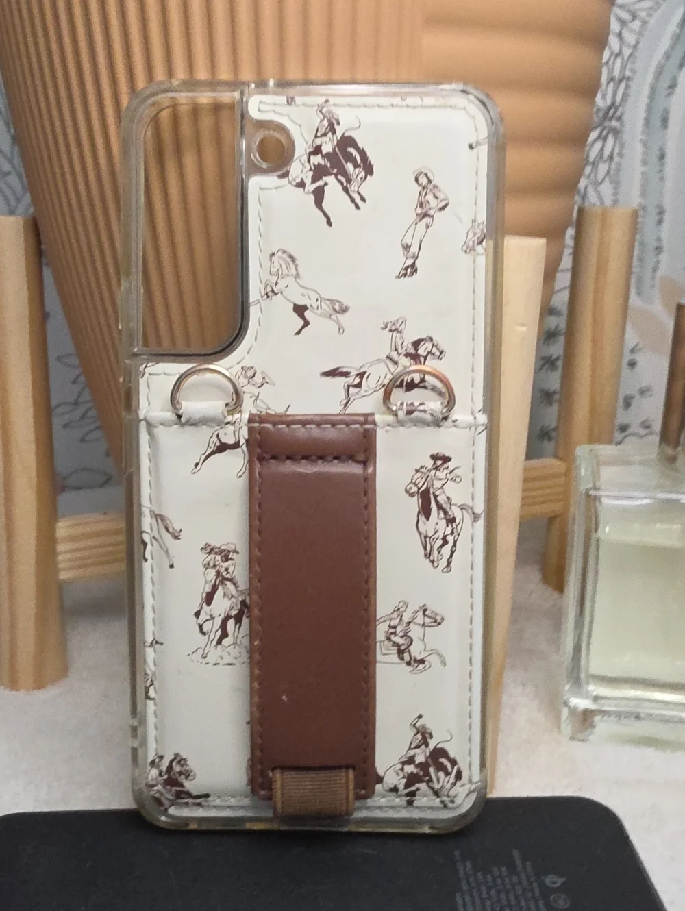 Samaung Galaxy S22 Card Case Walli White Phone Case with Brown Strap Rodeo Print